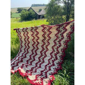 Vintage 1970s Crochet Afghan Blanket Chevron Stripe Burgundy Off White 69x67